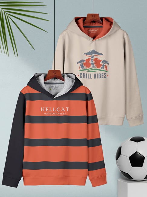 HELLCAT Kids Orange & Beige Printed Full Sleeves Sweatshirt (Pack Of 2)