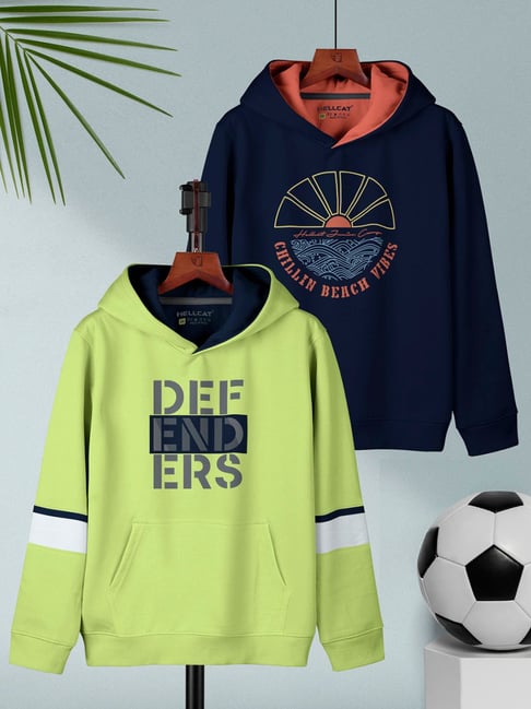 HELLCAT Kids Green & Navy Printed Full Sleeves Sweatshirt (Pack Of 2)