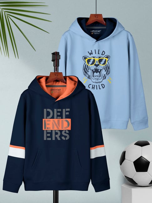 HELLCAT Kids Navy & Sky Blue Printed Full Sleeves Sweatshirt (Pack Of 2)