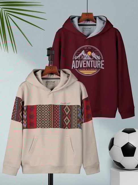 HELLCAT Kids Beige & Burgundy Printed Full Sleeves Sweatshirt (Pack Of 2)