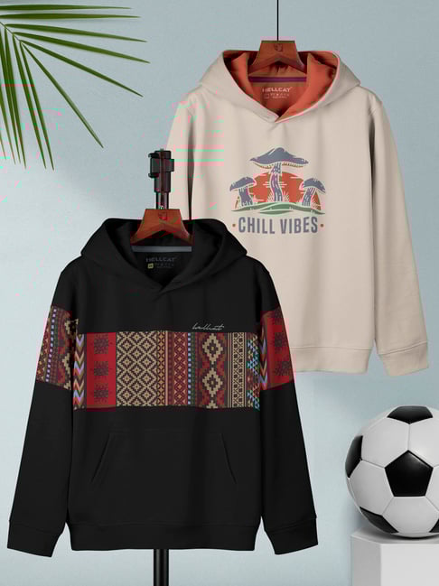 HELLCAT Kids Black & Beige Printed Full Sleeves Sweatshirt (Pack Of 2)