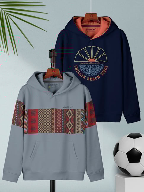 HELLCAT Kids Bluish Grey & Navy Printed Full Sleeves Sweatshirt (Pack Of 2)