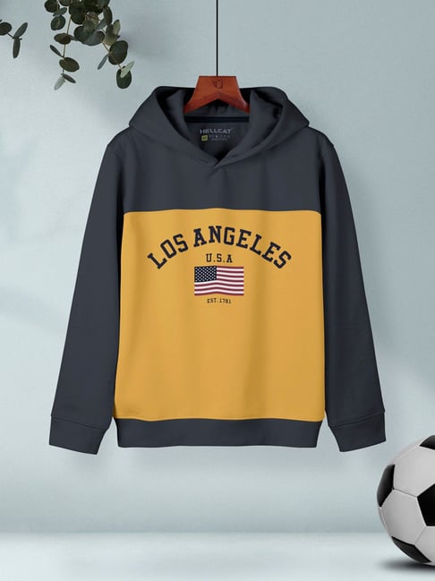 HELLCAT Kids Dark Grey & Mustard Color Block Full Sleeves Sweatshirt