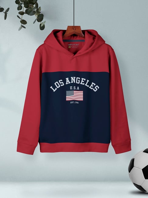 HELLCAT Kids Maroon & Navy Color Block Full Sleeves Sweatshirt