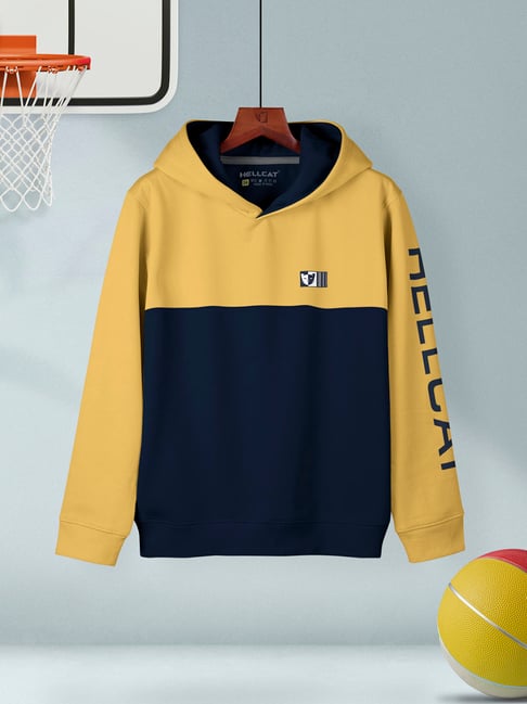 HELLCAT Kids Yellow & Navy Color Block Full Sleeves Sweatshirt