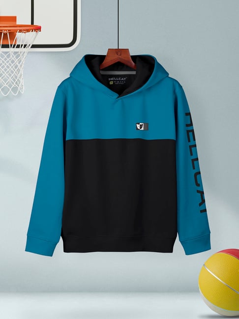 HELLCAT Kids Blue & Black Color Block Full Sleeves Sweatshirt