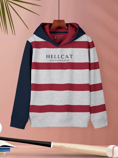 HELLCAT Kids Grey Melange & Red Striped Full Sleeves T-Shirt-picture-35