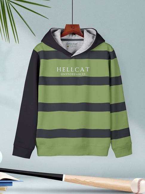 HELLCAT Kids Green Striped Full Sleeves Sweatshirt