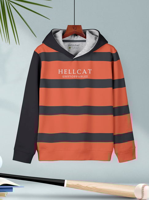 HELLCAT Kids Orange Striped Full Sleeves Sweatshirt