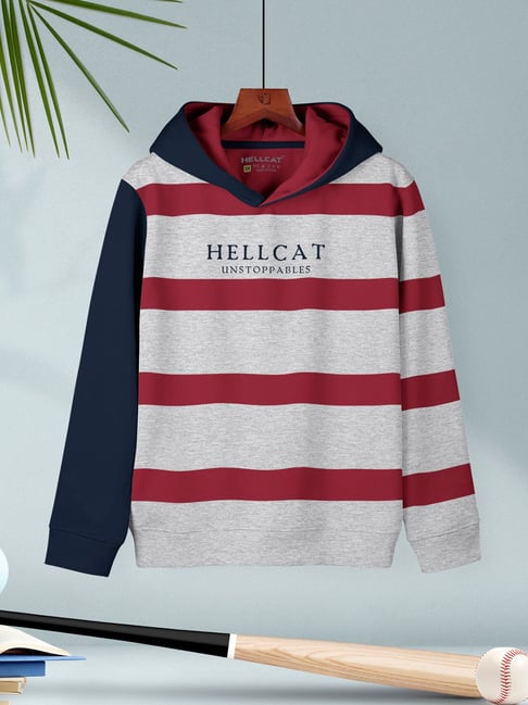 HELLCAT Kids Grey Melange & Red Striped Full Sleeves Sweatshirt-picture-35