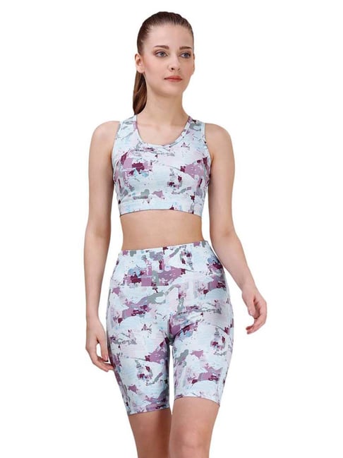 Soie Sky Blue Printed Sports Bra Shorts Set