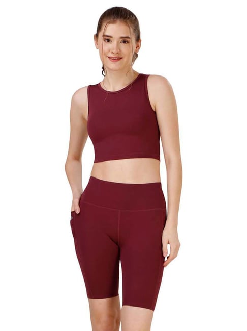 Soie Maroon Sports Crop Top Shorts Set
