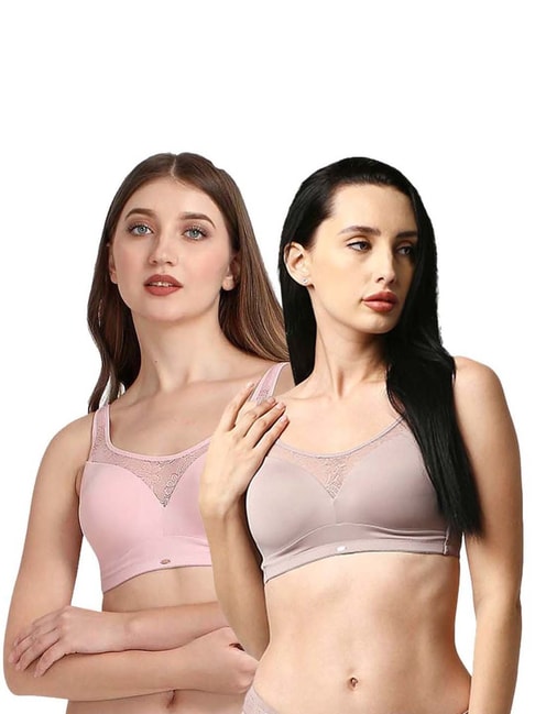 Buy Soie Pink & Grey Lace Work Padded Everyday Cami Bra - Pack Of