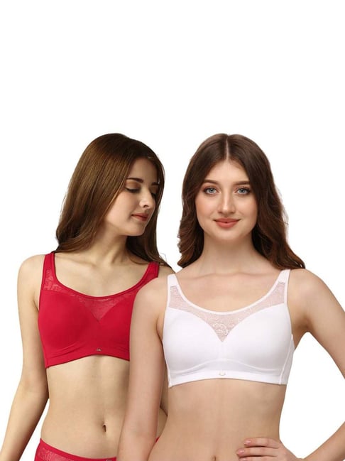 Buy Soie Red & White Lace Work Padded Everyday Cami Bra - Pack Of