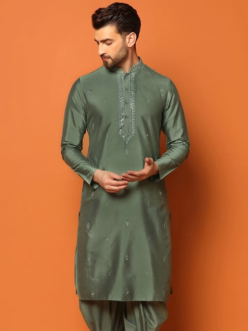 KISAH Green Cotton Regular Fit Embroidered Kurta