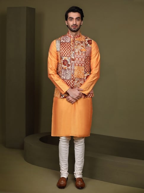 Orange color Cotton fabric Dhoti Kurta with Jacket : 1591389