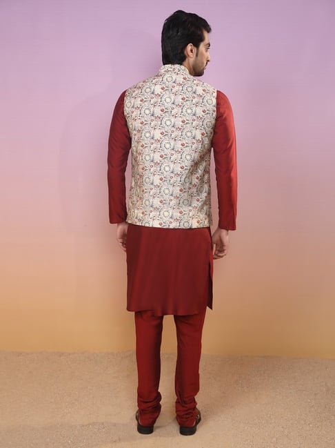 Woven Art Silk Kurta Jacket Set in Maroon and Dark Beige : MHG1555