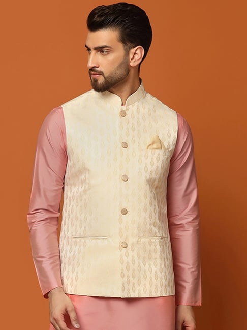 Buy Cream Jacket With Golden Motifs Online in India @Manyavar - Nehru Jacket  for Men