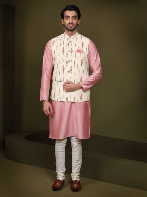 White Silk Kurta Pyjama Set with Pink Jacket