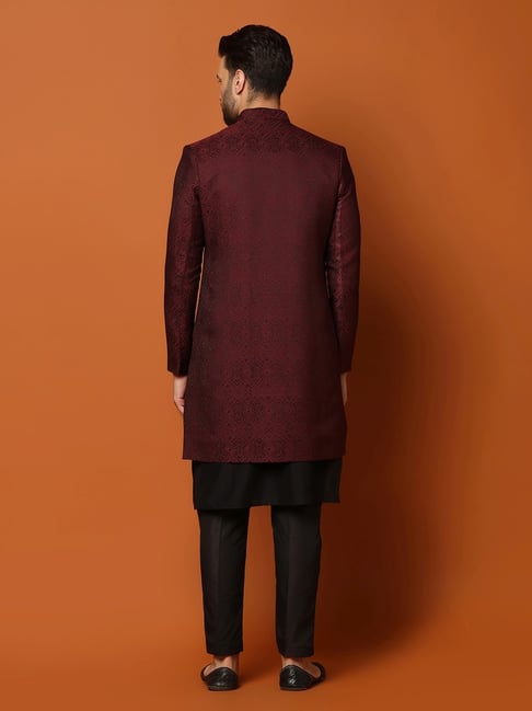KISAH Maroon Cotton Regular Fit Self Pattern Sherwani Set