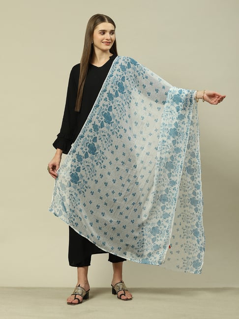 Rangriti White & Blue Floral Print Dupatta