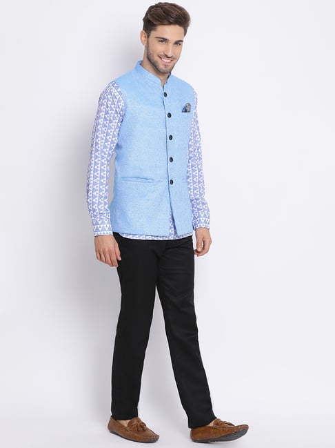 Blue nehru jacket shops trousers