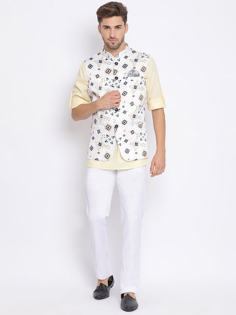 Digital Printed Poly Cotton Nehru Jacket in Off White : MUY1079