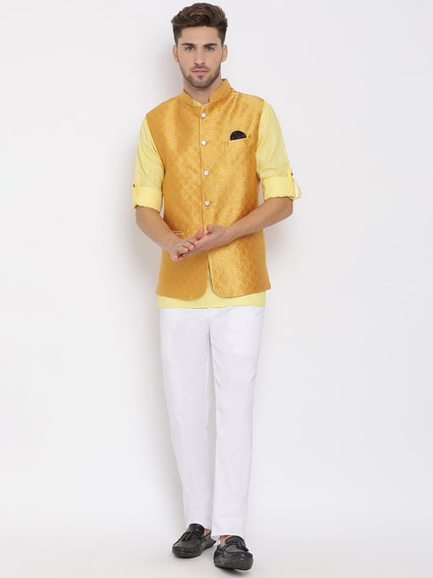 Buy Traditional Wear Yellow Jacquard Banarasi Silk Kurta Pajama With Jacket  Online From Surat Wholesale Shop.