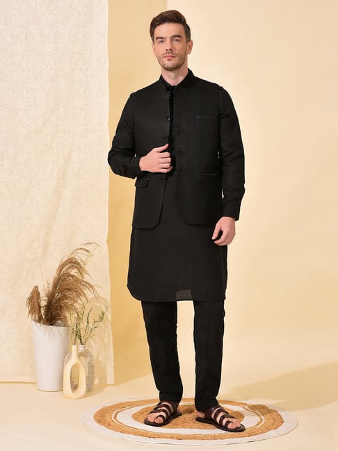 Striking Black Color Art Silk Readymade Kurta Pyjama With Jacket For Men