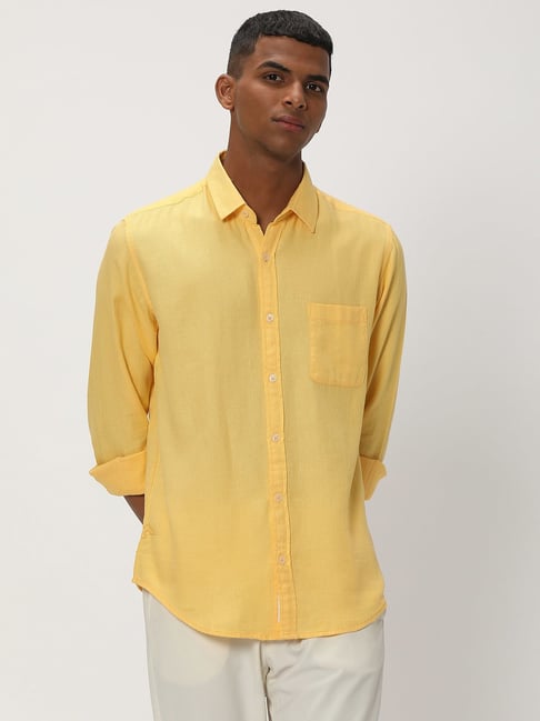 Mufti Yellow Slim Fit Textured Cotton Linen Shirt