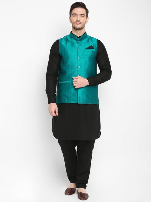 Black Cotton Pathani Suit With Nehru Jacket 590MW48