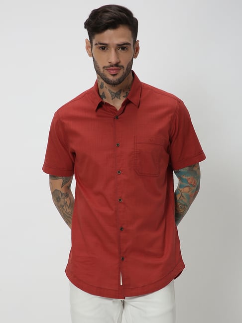 Mufti Red Slim Fit Cotton Linen Shirt