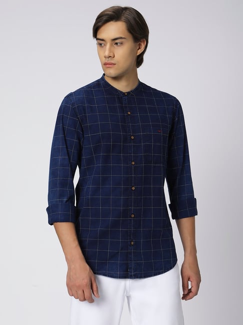 Mufti Dark Indigo Blue Slim Fit Check Cotton Linen Shirt