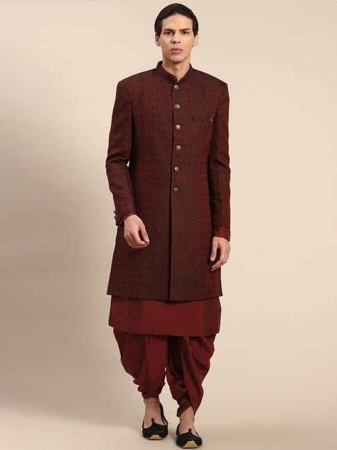 KISAH Maroon Cotton Regular Fit Sherwani Set