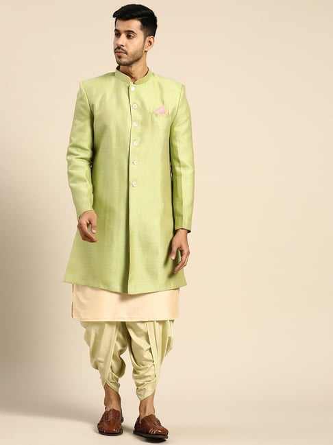 KISAH Green Cotton Regular Fit Sherwani Set