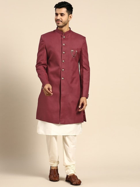KISAH Maroon Cotton Regular Fit Sherwani Set