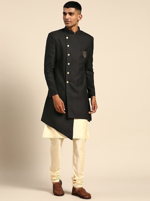 KISAH Black Cotton Regular Fit Sherwani Set