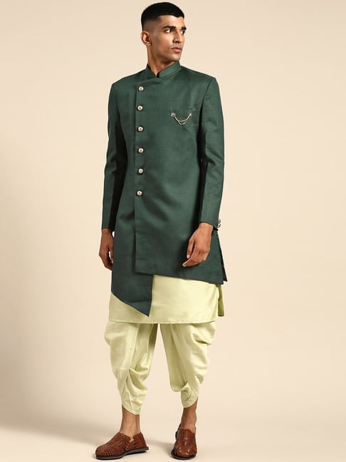 KISAH Green Cotton Regular Fit Sherwani Set