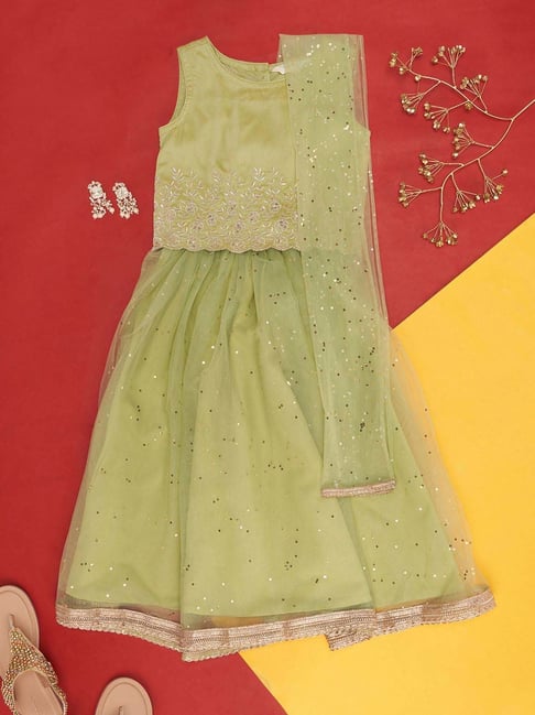 AKKRITI BY PANTALOONS Girls Blue & Gold-Toned Embellished Ready to Wear  Lehenga & Blouse With Dupatta - Absolutely Desi