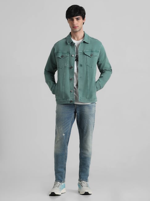 ASOS DESIGN oversized denim jacket in green with white stitching | ASOS
