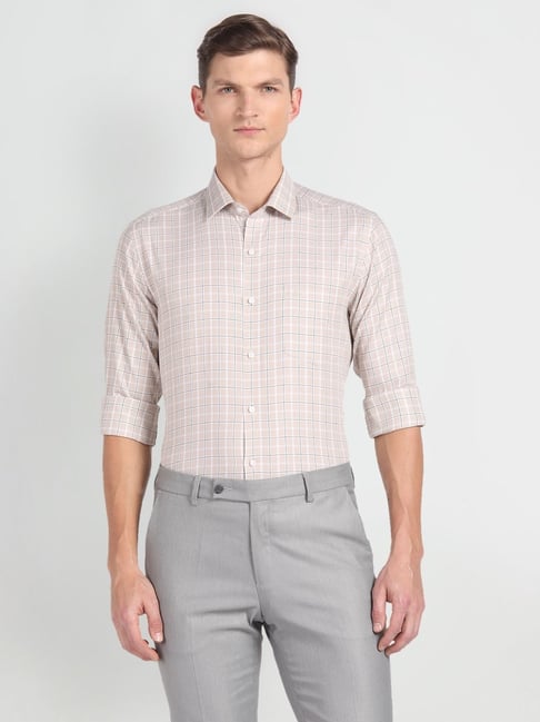 Arrow Beige Cotton Slim Fit Checks Shirt