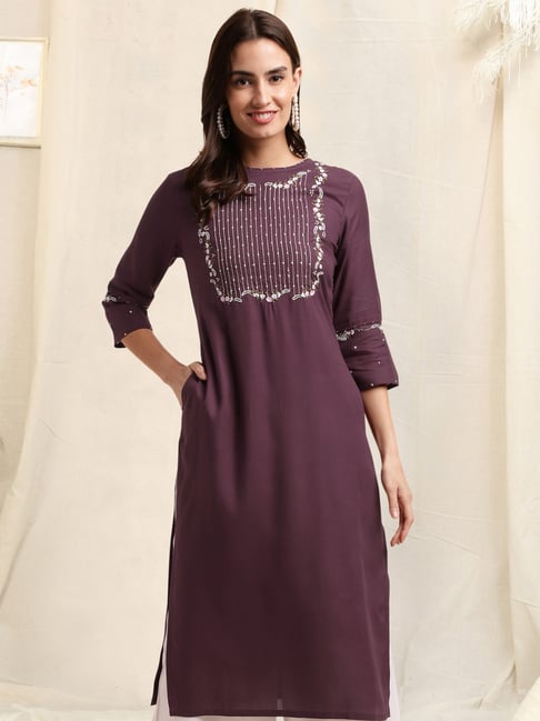 MIRCHI FASHION Purple Embroidered Straight Kurta-image-45