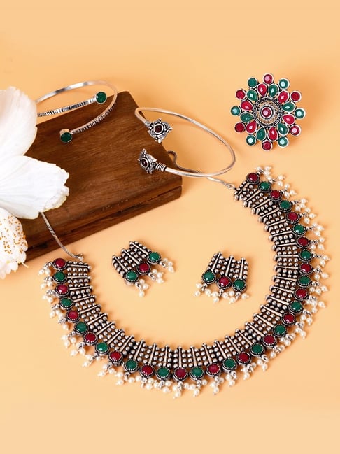 Statement yellow brown gemstone beaded necklace earrings set at ₹2950 |  Azilaa