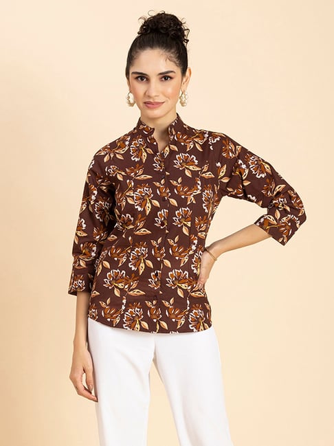 Moomaya Brown Floral Print Shirt-picture-41