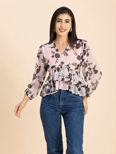 Crop Top Floral Top With Jeans Green Crop Top For Women, Puff