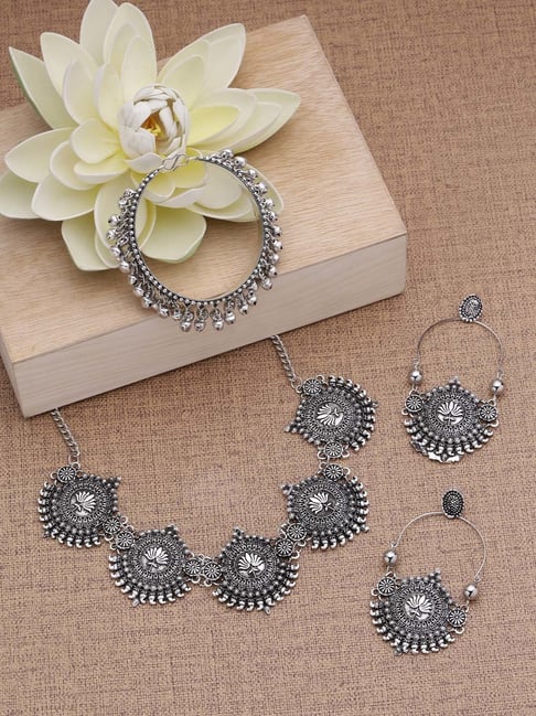 Oxidised Silver Royal Statement Ghungroo Necklace Earrings Set - Beatnik