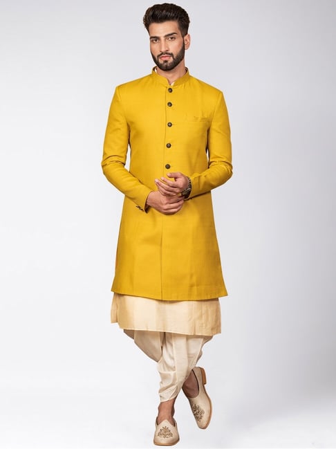 KISAH Mustard &amp; Beige Cotton Regular Fit Sherwani Set