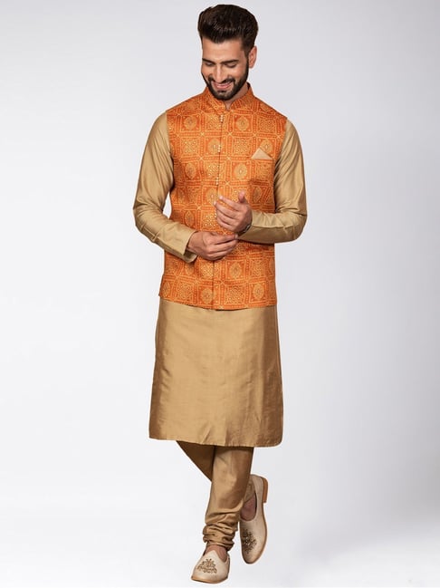 Buy 34/XS Size Jacket Style Orange Kurta Pajama Online for Men in USA