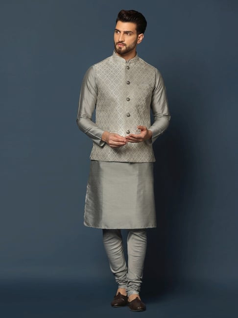 Grey Readymade Kurta Pajama With Woven Jacket 734MW05