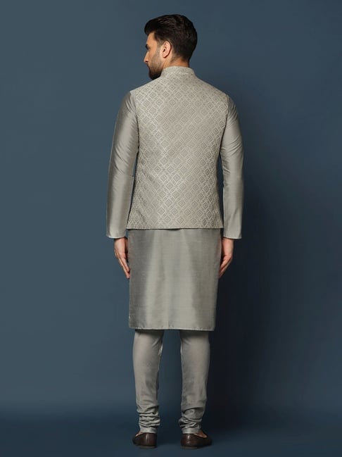 Cotton Blend Grey Stitched Kurta & Churidar Pyjama with Jacket in Weaving  Work